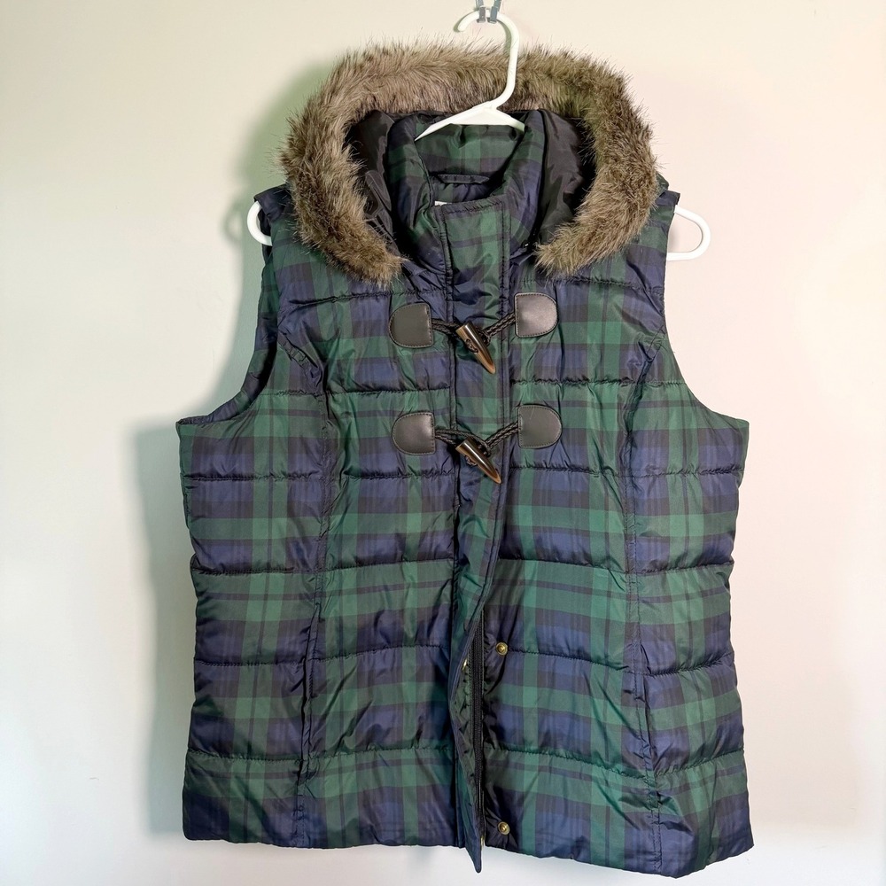 Charter Club Plaid Puffer Vest Green Navy Blue Black Watch Toggle Hood L Classic